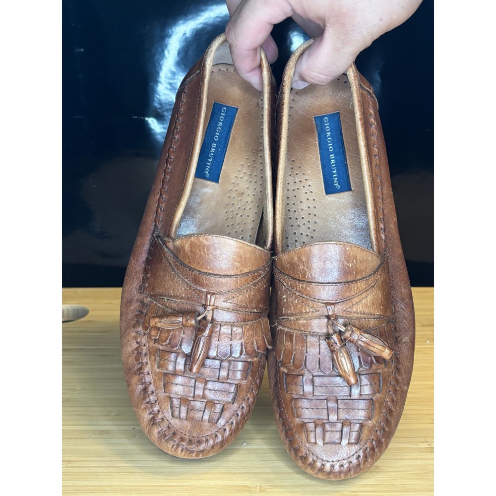 Giorgio Brutini Mens 11 M Brown Leather Woven Tassel Kiltie Loafers Brazil